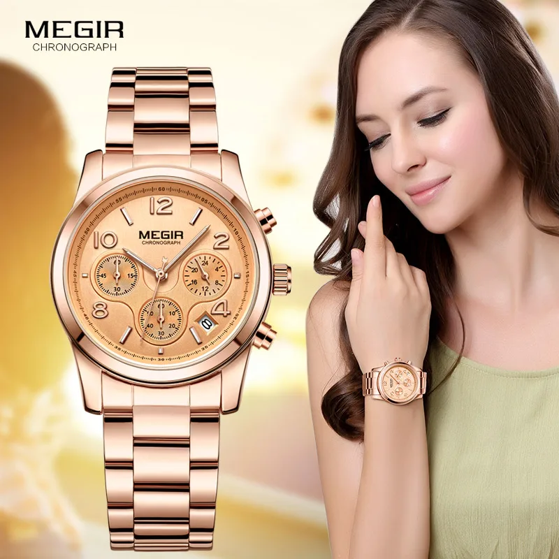 Megir Woman's Chronograph Quartz Watch with Gold Stainless Steel Bracelete 24 Hours Calendar Display Wristwatch for Ladies 2057L