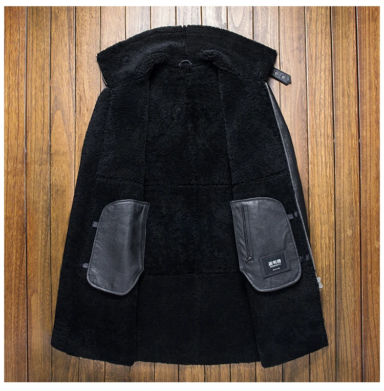 Модная длинная меховая овчина Мужская официальная повседневная одежда из натурального меха Мужская зимняя утепленная черная куртка из натурального меха