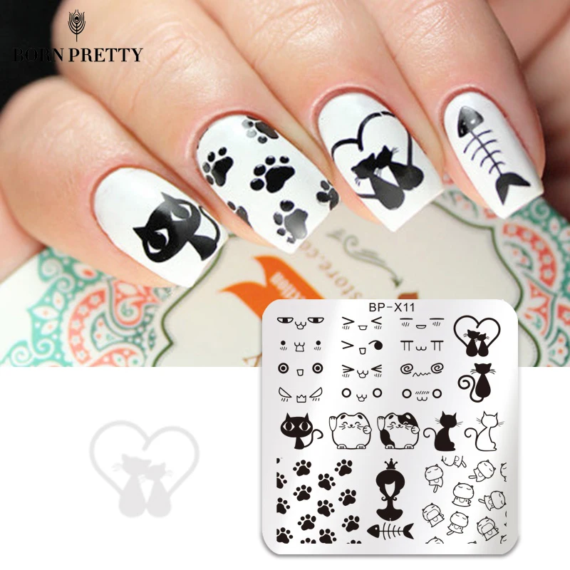 Милый Кот Дизайн Ногтей Штамп Штамповка Плиты born pretty 6*6 см Квадратных Шаблона
