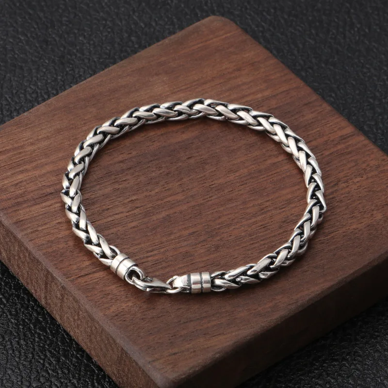 

Wholesale S925 Sterling Silver Retro Thai Silver Personality Wrist Chain Jewelry Twist Woven Men's Bracelet Homme