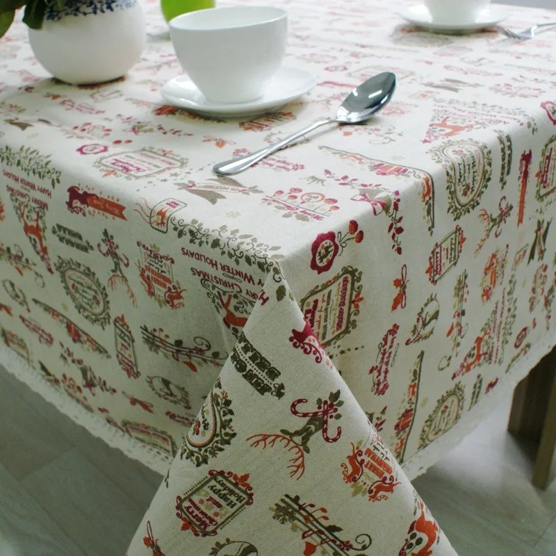 

Nordic Christmas Table Cloth Cotton Linen Lace Edging Happy Holiday Kitchen Dining Table Cover Xmas Table Decor New Year Party