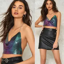 Женские блестящие металлические короткие летние пляжные вечерние топы с открытой спиной, Клубные топы с блестками, майка, женская сексуальная майка