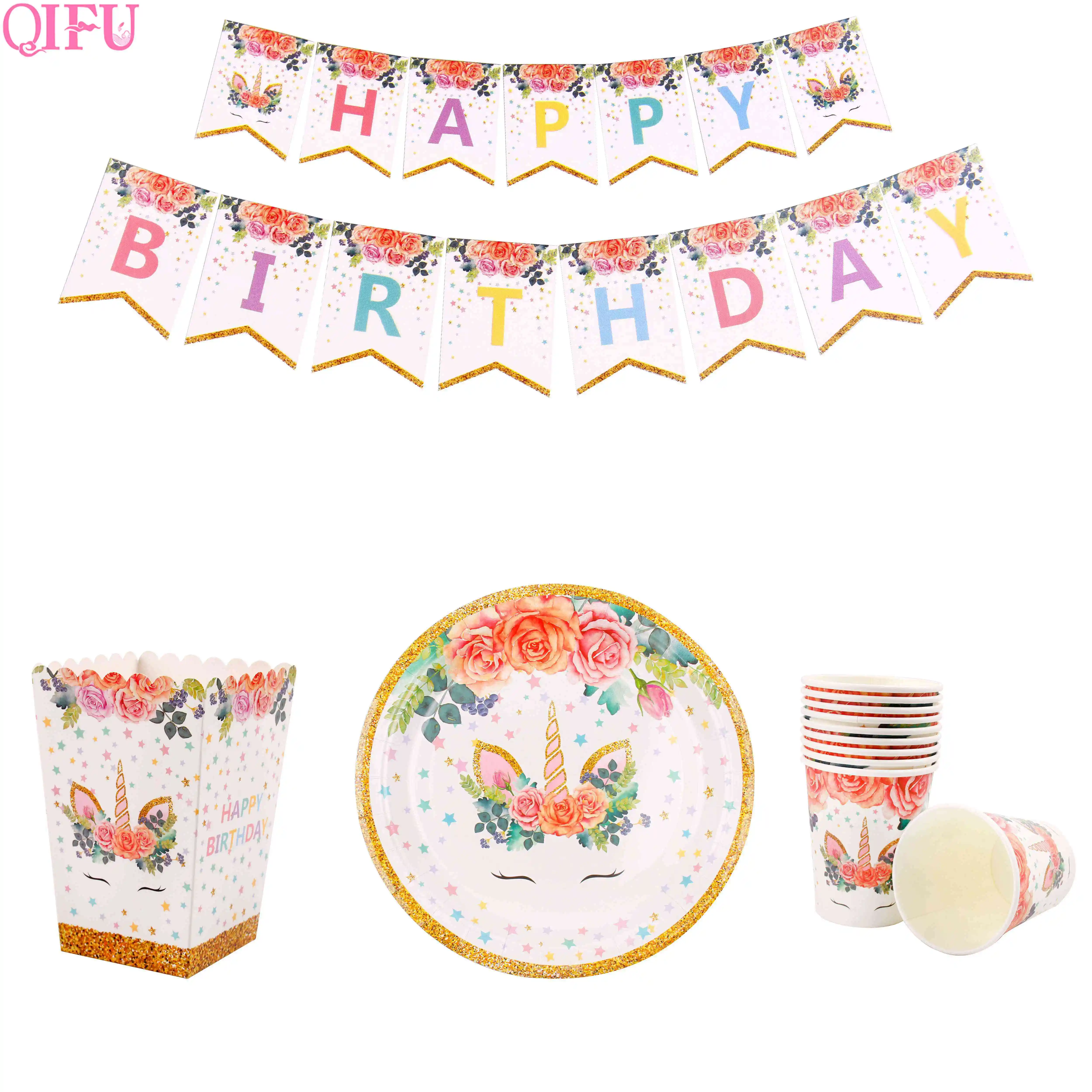 

QIFU Unicorn Party Paper Plates Cups Napkins Birthday Party Disposable Tableware Baby Shower Kid Event Party Supplies DIY Decor