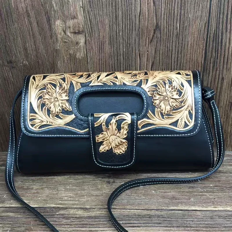 

women leather handbags ladies Chinese vintage national style women bags Hand carved leather evening clutch bags