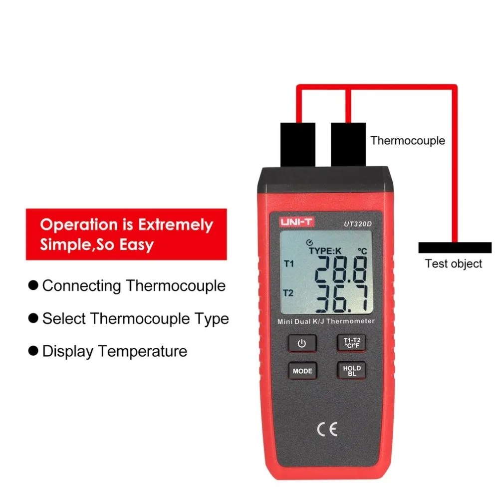 UNI-T UT320D K/J Тип двойной-CH цифровой термопары термометр ручной измеритель температуры 2 шт. K Тип датчика зонд 0~ 260 градусов