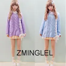 So Kawaii/Зимний вязаный свитер в стиле Лолиты для девочек тонкие пуловеры с кружевным бантом и длинными рукавами