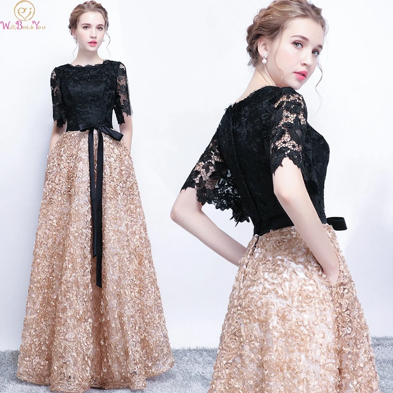 

Black Lace Evening Dresses 2019 Elegant Floor Length Long A Line Short Sleeve Formal Party Prom Gowns With Bow Walk Beside You
