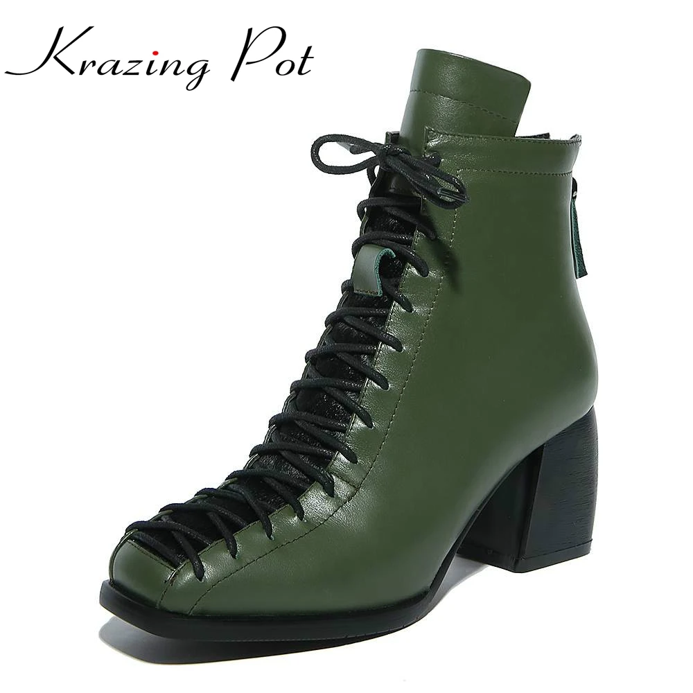 Online Moda punta quadrata lace up del cuoio genuino solido nudo delle donne della caviglia stivali tacco di spessore delle donne di marca scarpe causale moto avvio L74