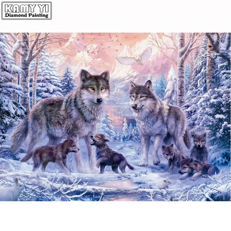 5d Diamond Mosaic Full Embroidery Wolf Family In Snow Diy Painting Cross Stitch Round Sets New Lk1 | Дом и сад