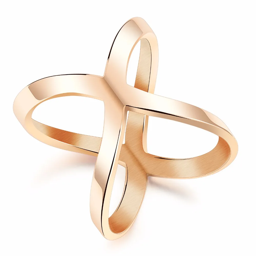 

FATE LOVE Rose Gold Color Fashion Cross X Hollow Out Design Ring Titanium Steel Statement Jewelry Accessories Best Gift 495