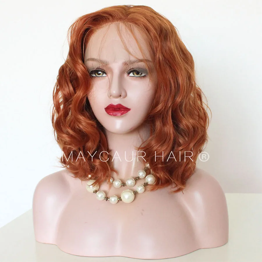 Maycaur Orange Color Front Lace Bob Wigs Glueless Short Wavy Hair Synthetic Lace Front Wigs for Black Women 14 Inch