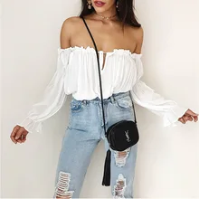 Sexy Slash Leher Off Bahu Top Chiffon Blouse Autumn Wanita Blus 2018 Lengan Lentera Lengan Panjang Ruffles Pendek Atasan Putih