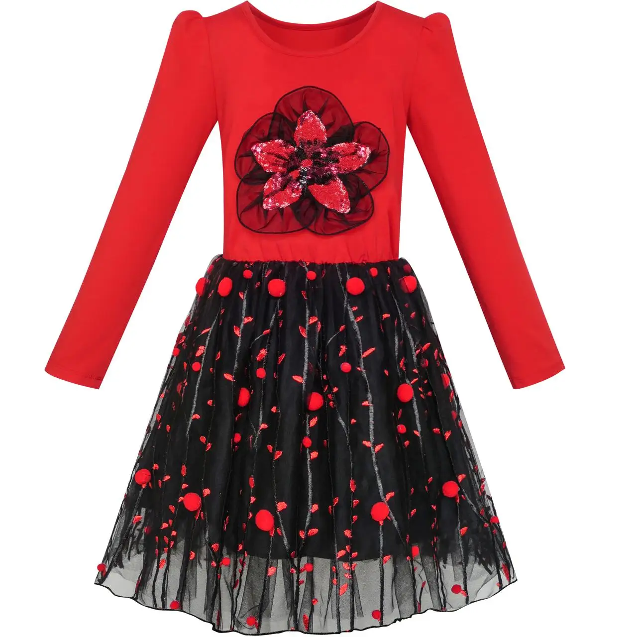Sunny Fashion платья для девочек платье Длинный рукав Хлопок красный Цветок рождество