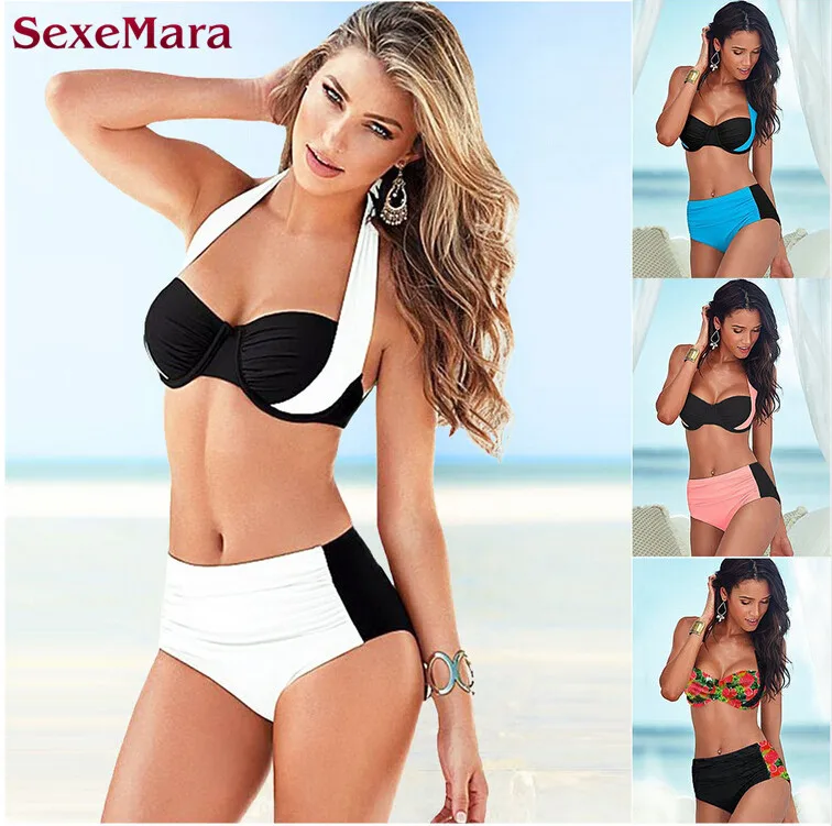 

SexeMara 2017 New High Waist bikini Plus Size Swimwear Sexy Women Swimsuit Retro Halter Push Up Bikini Set maillot de bain