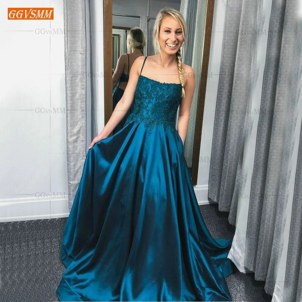 

Graceful Slim Fit Blue Evening Dress Long 2019 Spaghetti Straps Lace Appliques A Line Formal Dresses Delicate Beach Evening Gown