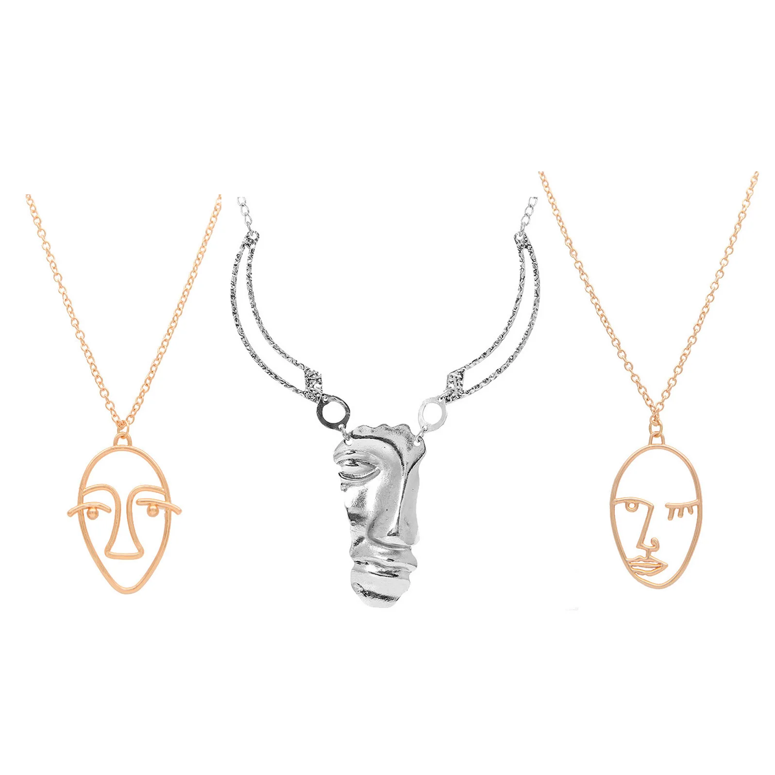 

Gold Silver Color Punk Statement Necklace Avatar Abstract Temperament Human Face Pendant Necklace Hollow Contour Long Necklace