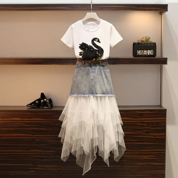 

XL-5XL Large Size Women's Sets New Summer Fashion Embroidery Swan Short Sleeve Tshirts + Mesh Patchwork Denim Skirt Female Suits