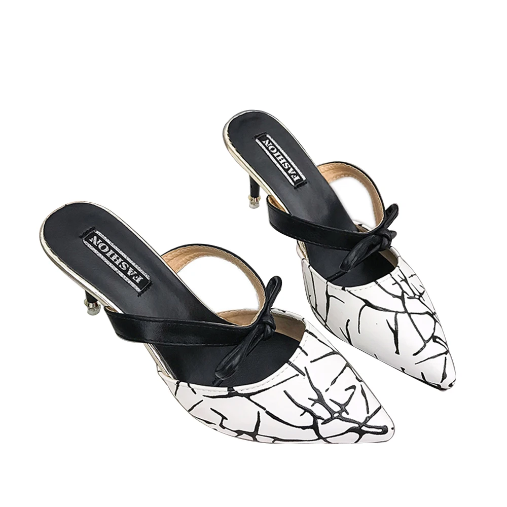 

Slim Heels Women Sandals Bow Strappy Leather Pump Shoes Pointed Toe Stilettos Casual Mules backless slip on high heel sandals