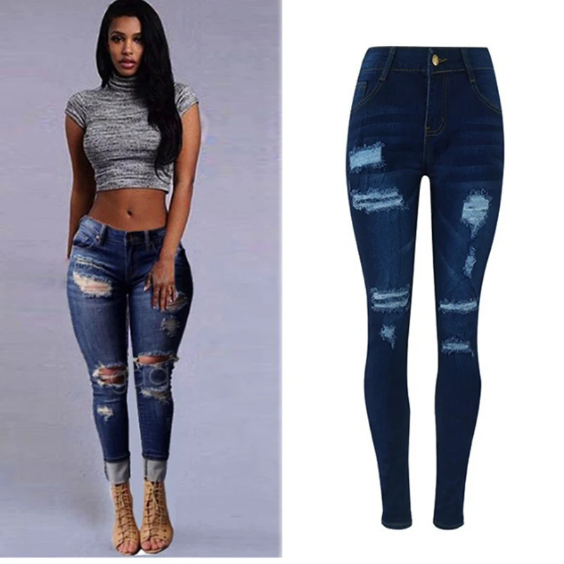 

2019 SUPER DEAL ripped hole Jeans Women mid Waist Skinny Pencil Blue Denim Pants spliced Zipper Elastic Stretch washed Jeans