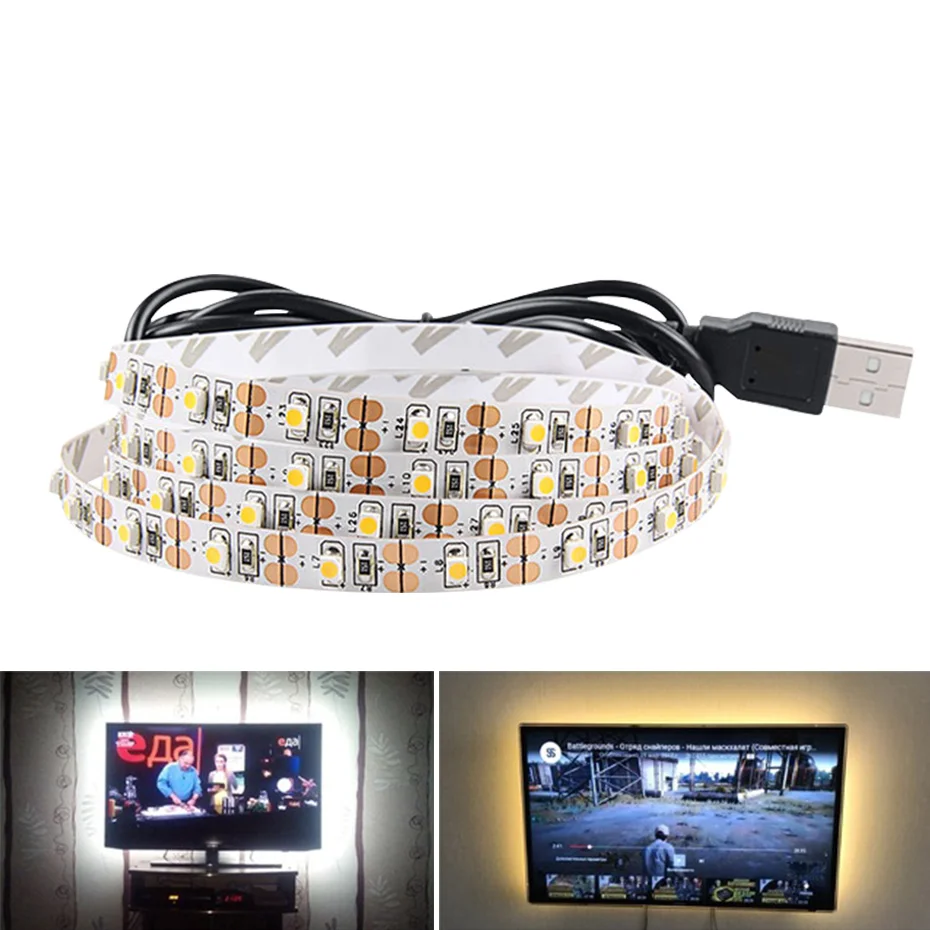 buy 50CM 1M 2M 3M 4M 5M Flexible LED Strip USB Waterproof 5V White Warm White Led Strip Ribbon Tape SMD3528 For TV Background Light