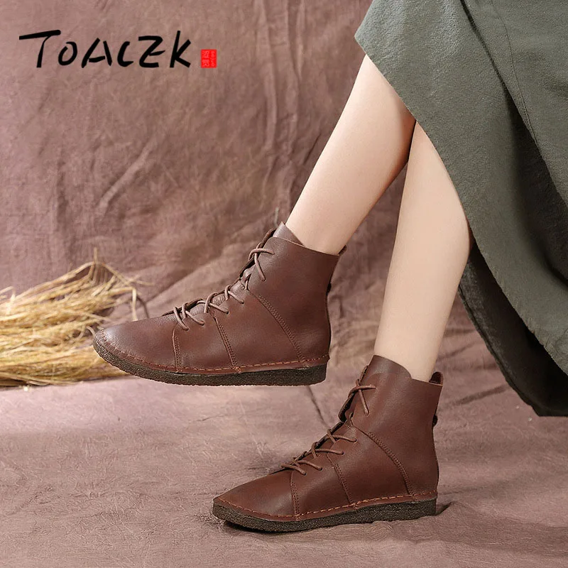 

Autumn Retro national Wind soft bottom female short boots head layer Cowhide casual flat sole boots