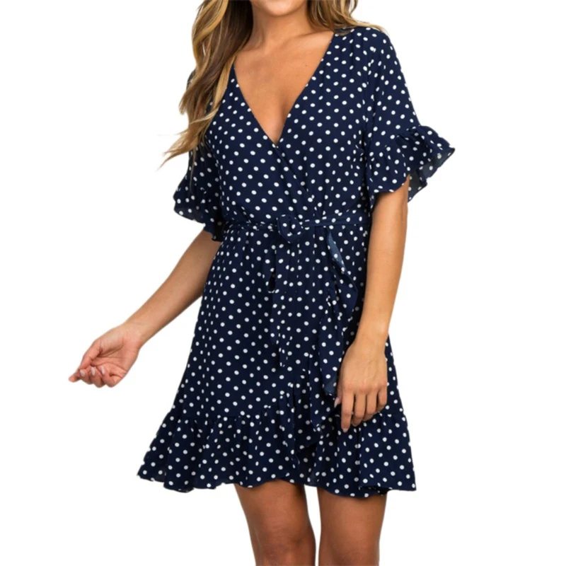 

Oioninos V-Neck Short-Sleeved Polka-Dot Strap Ladies Chiffon Dress Sexy Ruffled Sleeve Dress