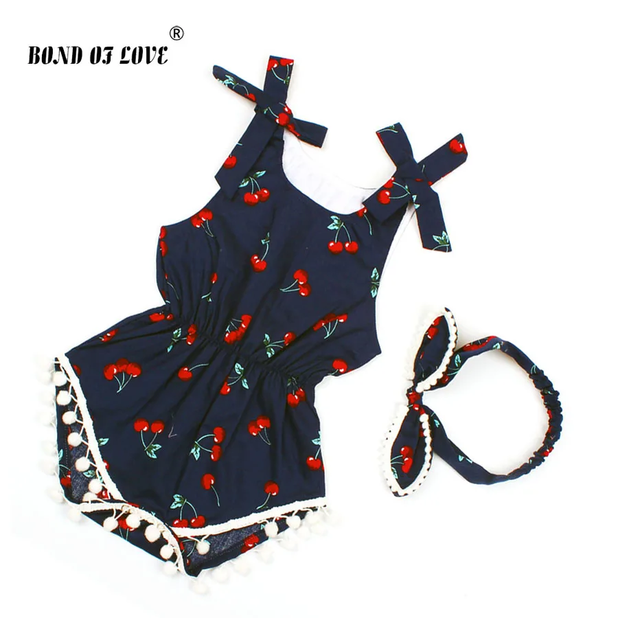 2018 Summer Children Clothing Newborn Cherry Romper Clothes Set Baby Girl Ruffled Sleeve Bodysuit Jumpsuit + Headband 2pcs  (2)