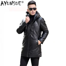 AYUNSUE, мужская кожаная куртка, зимняя, утиный пух, пальто, мужской, теплый, длинный, второй слой, овчина, капюшон, jaqueta de couro HN1716 LX2361
