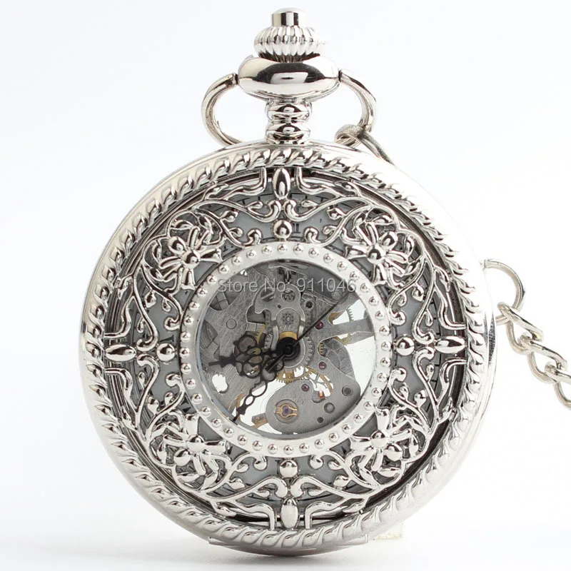 Free shipping Antique Silver Skeleton Mechanical Pocket Watch Luxury