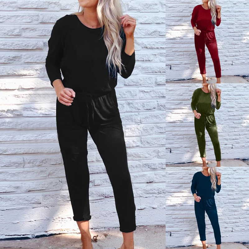 

Drop shipping OEAK Womens Long Sleeve Jumpsuit for Work Wide Leg Pants Rompers with Elastic Waist band