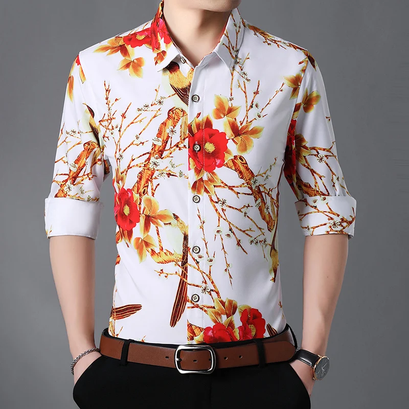 Осенние новые мужские рубашки с длинными рукавами тонкие повседневные мужские вечерние рубашки с цветочным принтом camisa masculina Большие размеры 7XL