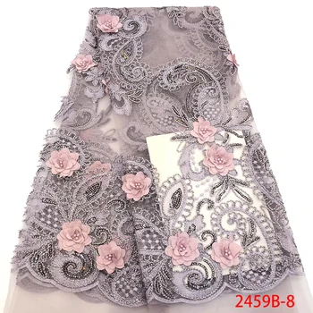 

2020 Latest Nigerian Laces Fabrics High Quality African Laces Fabric For Wedding Dress French Tulle Lace Beads 3D Lace 2459B-2