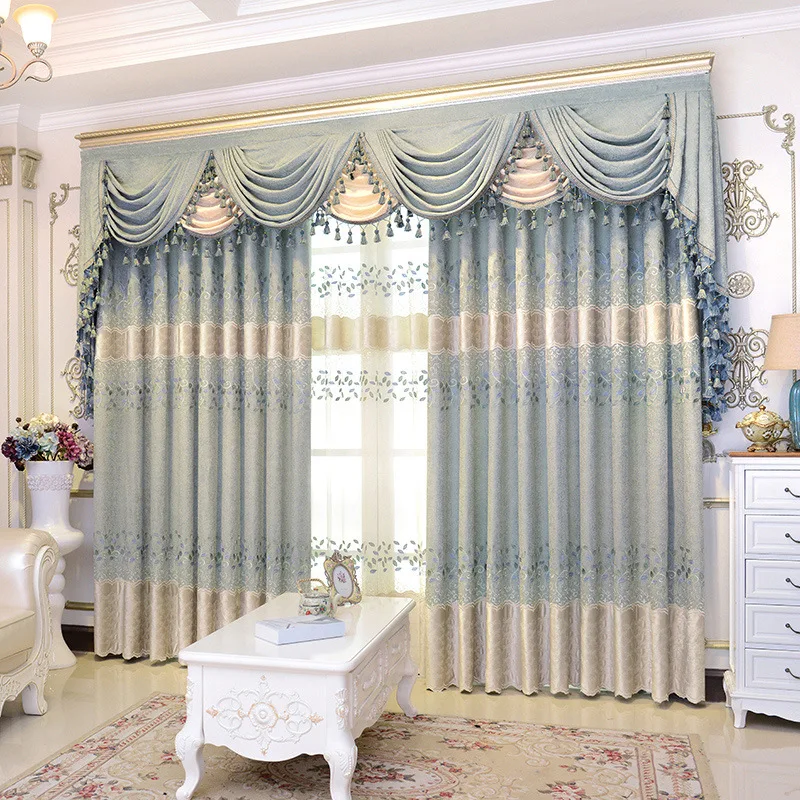 Elegant pastoral chenille hollowed embroidered leaves blue window