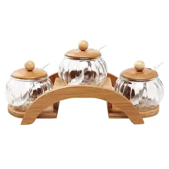 

(set of 3) clear glass seasoning jar, creative spice box and 2-layer wooden display stand
