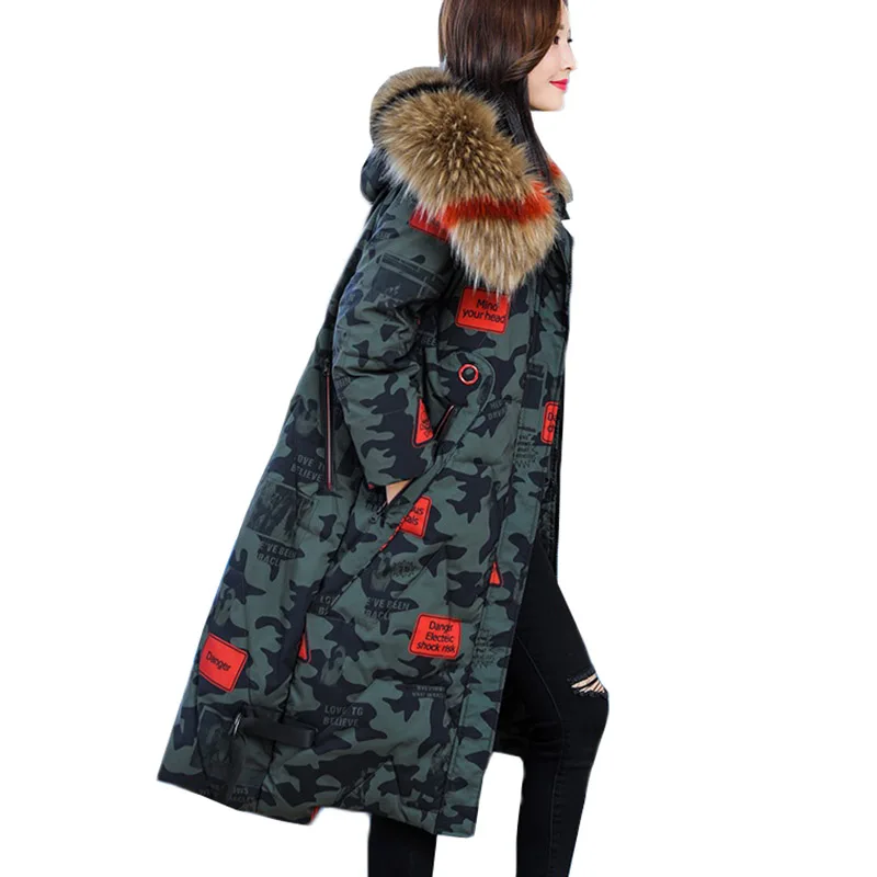 

Winter Jacket Coat Women Parkas Fur Collar Hooded Outerwear Warm Cotton Jacket Camouflage Print Long Coat Female Plus Size 5XL
