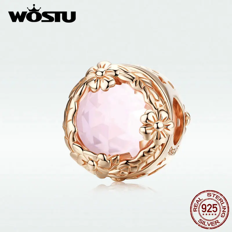 

WOSTU Rose Gold Flower Beads 100% 925 Sterling Silve Pale Pink Zircon Charm Fit Original Bracelet Pendant Women Jewelry DXC1258