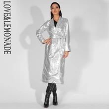 Love& Lemonade лацканы свободные длинные рукава светоотражающий PU материал пальто(с поясом) LM81451SILVER