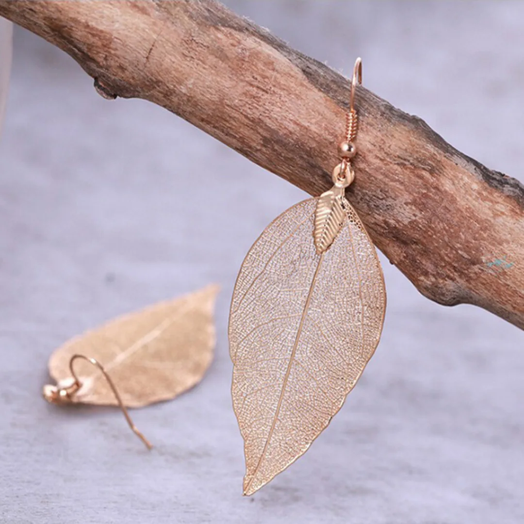 Vintage Leaves Earrings Necklaces Shellhard Long Natural Real Dipped Leaf Leaves Dangle Earring Ethic Women Jewelry 4Colors