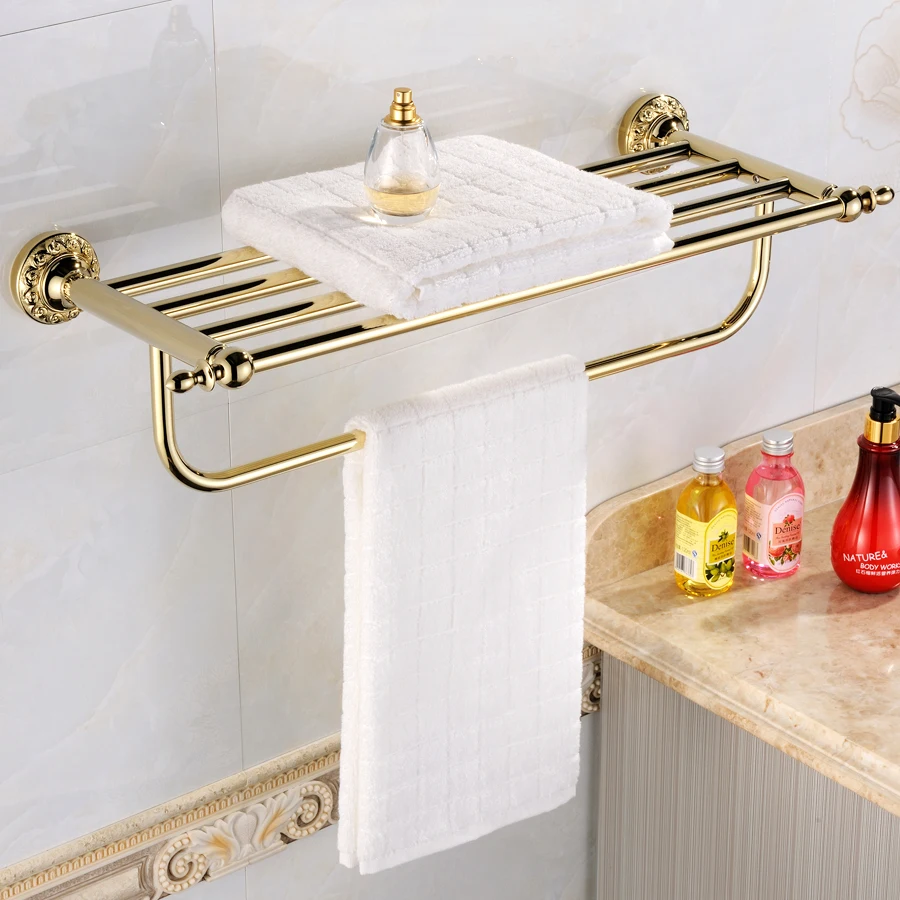 

European Antique Gold Bathroom Towel Rack Brass Carved PVD Coating Towel Holder for Bathroom Organization