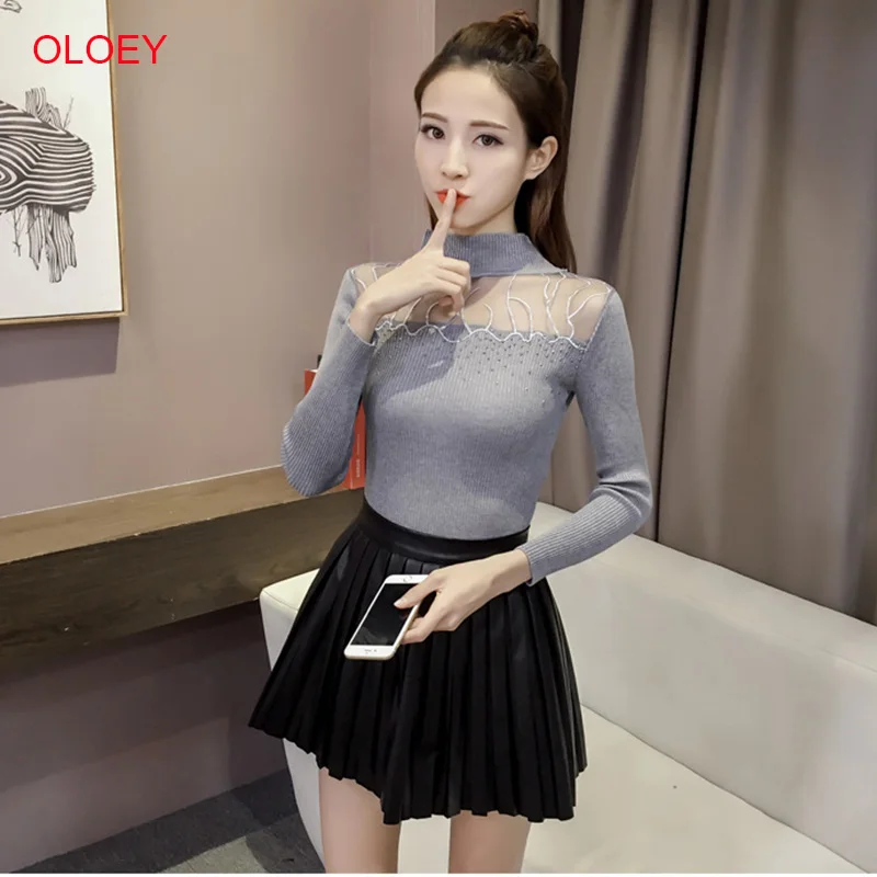 Women Pullovers 2019 Cashmere Sexy Lace Pullover Sweaters Fashion Patchwork Hollow Out Ruffled Collar Knitted Tops Pull Femme
