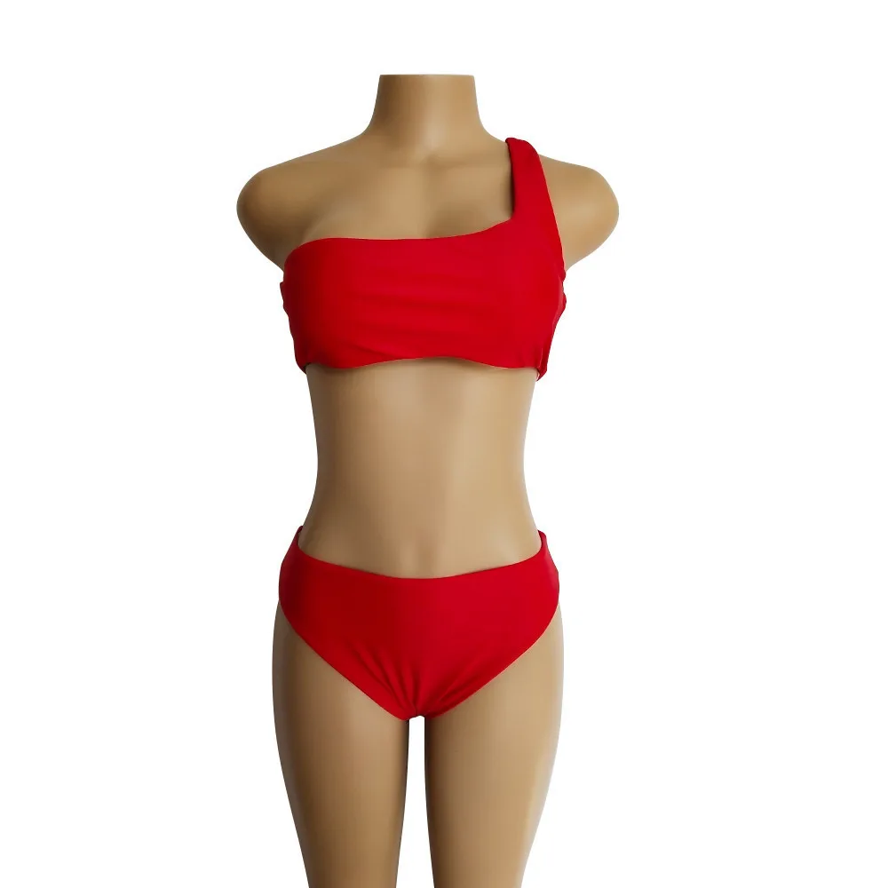 Bikini set-R Комплект бикини на одно плечо, женский сексуальный купальник с высокой талией, Одноцветный купальник с подкладкой, черный, красный, синий, бикини, два предмета, пляжная одежда для женщин - Цвет: Bikini set-R