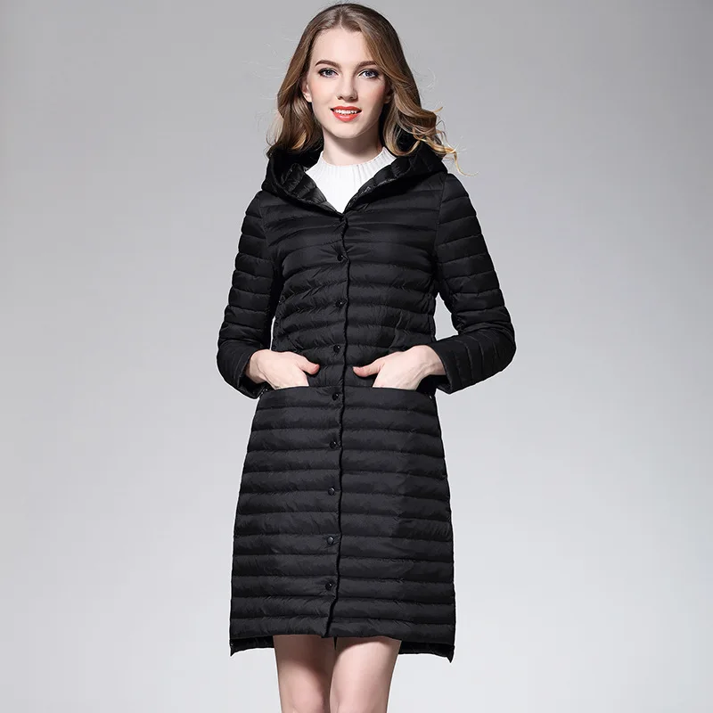 2019 Woman Winter Warm Coat Ultra Light 90% Duck Down Jacket Long Female Overcoat Slim Solid Hooded Windproof Parka | Женская одежда