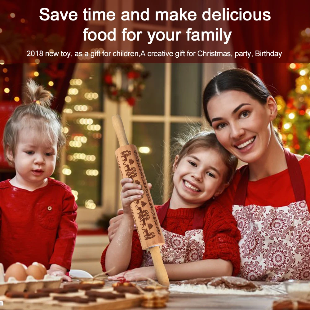 High Quality Wooden Embossing Rolling Pin With Reindeer/Christmas Tree/Snowflake Pattern For Making Cookies Noodle Fondant Cake