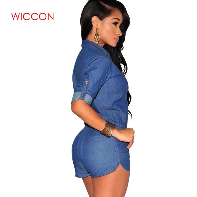 

2019 Women Plus Size Summer Denim Jumpsuit Shorts T-shirt Short Overall Casual Jeans Romper Solid Button Blue Color