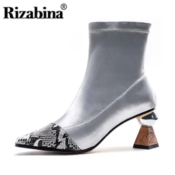 

RIZABINA Real Leather Women Ankle Boots Fashion Patckwork Stretch Boots Winter Shoes Women Office High Heel Footwear Size 33-40