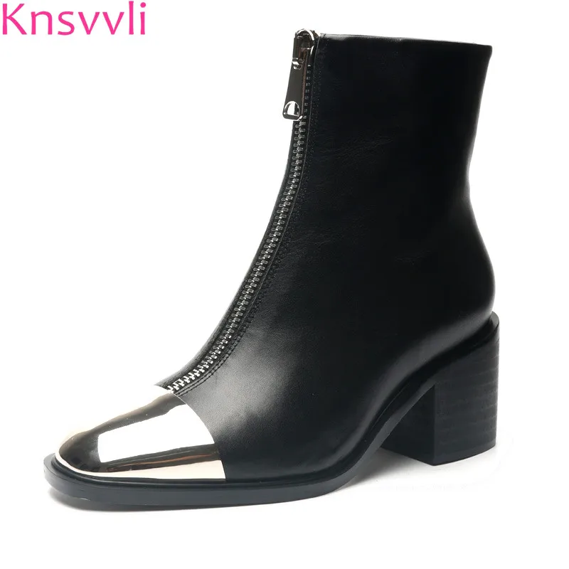 

Genuine leather chunky High heels ankle boots for women front zip British style martin boots metal iron toe fashion ladies boots
