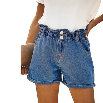 

2019 Summer High Waist Denim Shorts Women Casual Loose Shorts Ladies Fashion Roll Up Hem Elastic Waist Pocket Blue Jeans Female