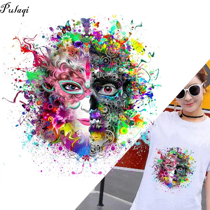 

Pulaqi Colorful Face Iron On Transfers For Clothing Girl T-Shirt DIY Heat Transfers For Clothes DIY T-shirt Accessory Clothes F