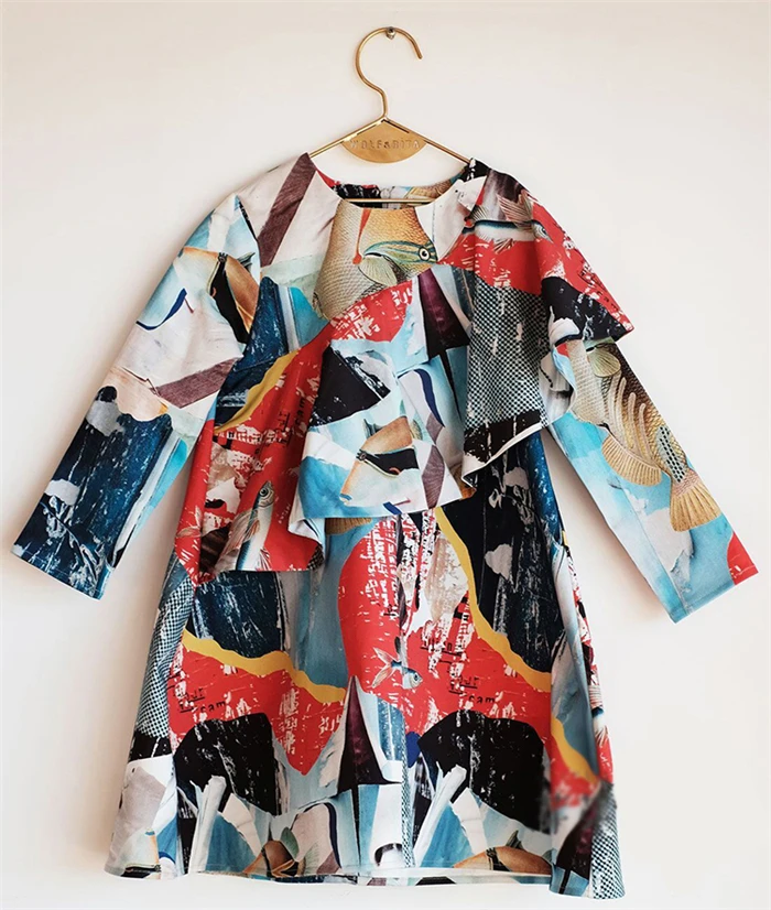 

2018 Spring High-end custom doodle cotton print dress girl long-sleeved dress