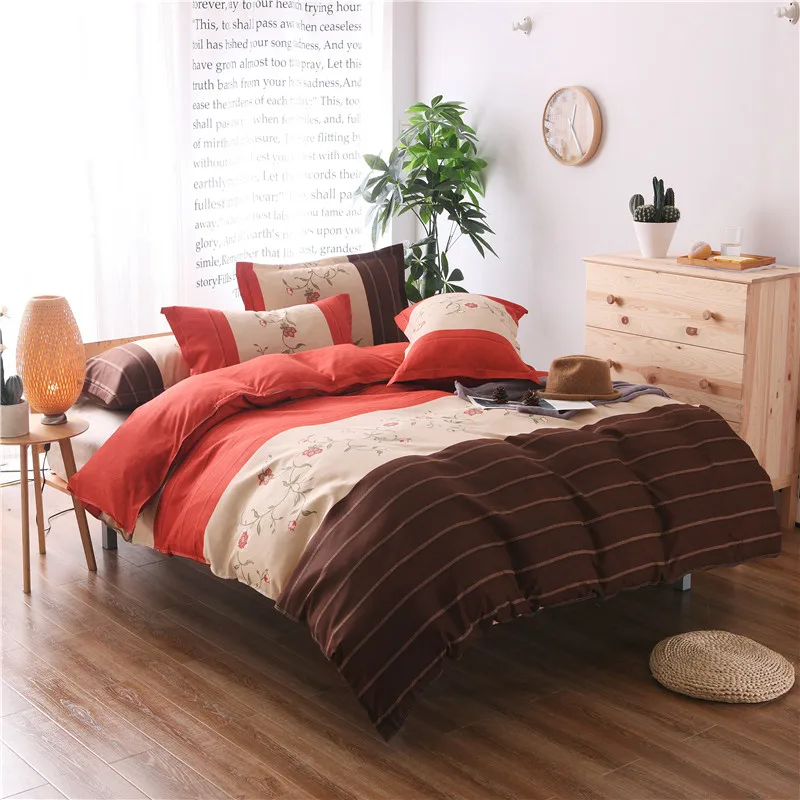 

Red +Brown Solid Color Stitching Printing Patterns Pillowcase And 2/3pcs Duvet Cover Sets Double Queen King Size Bedding Set